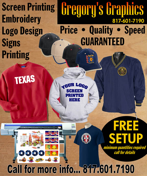 Gregorys graphics - screen printing, keller, tx, fort worth, tx, dallas, tx, t-shirts