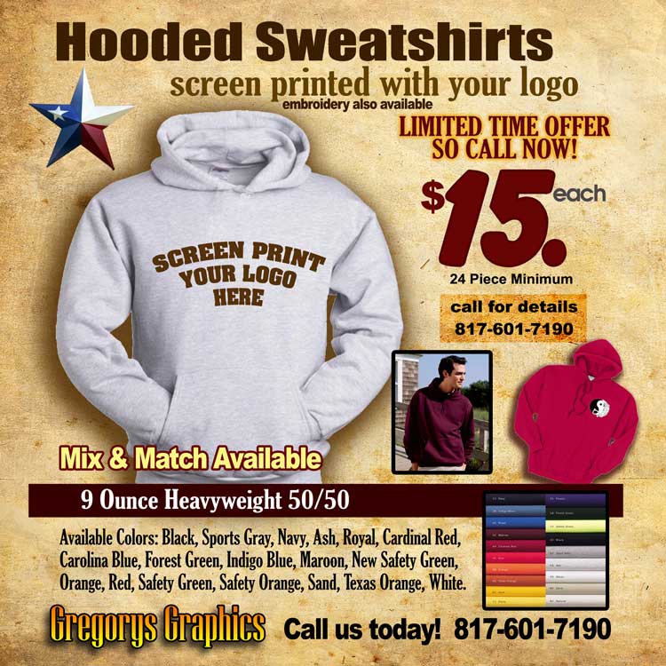 hooded sweatshirts - hoodies - screen printing - embroidery - fort worth - dallas - keller - waco - denton